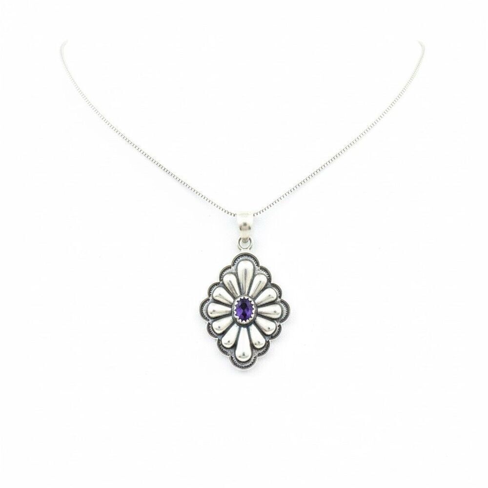 Western Purple Mojave Turquoise Sterling Silver Pendant Necklace Concho Flower